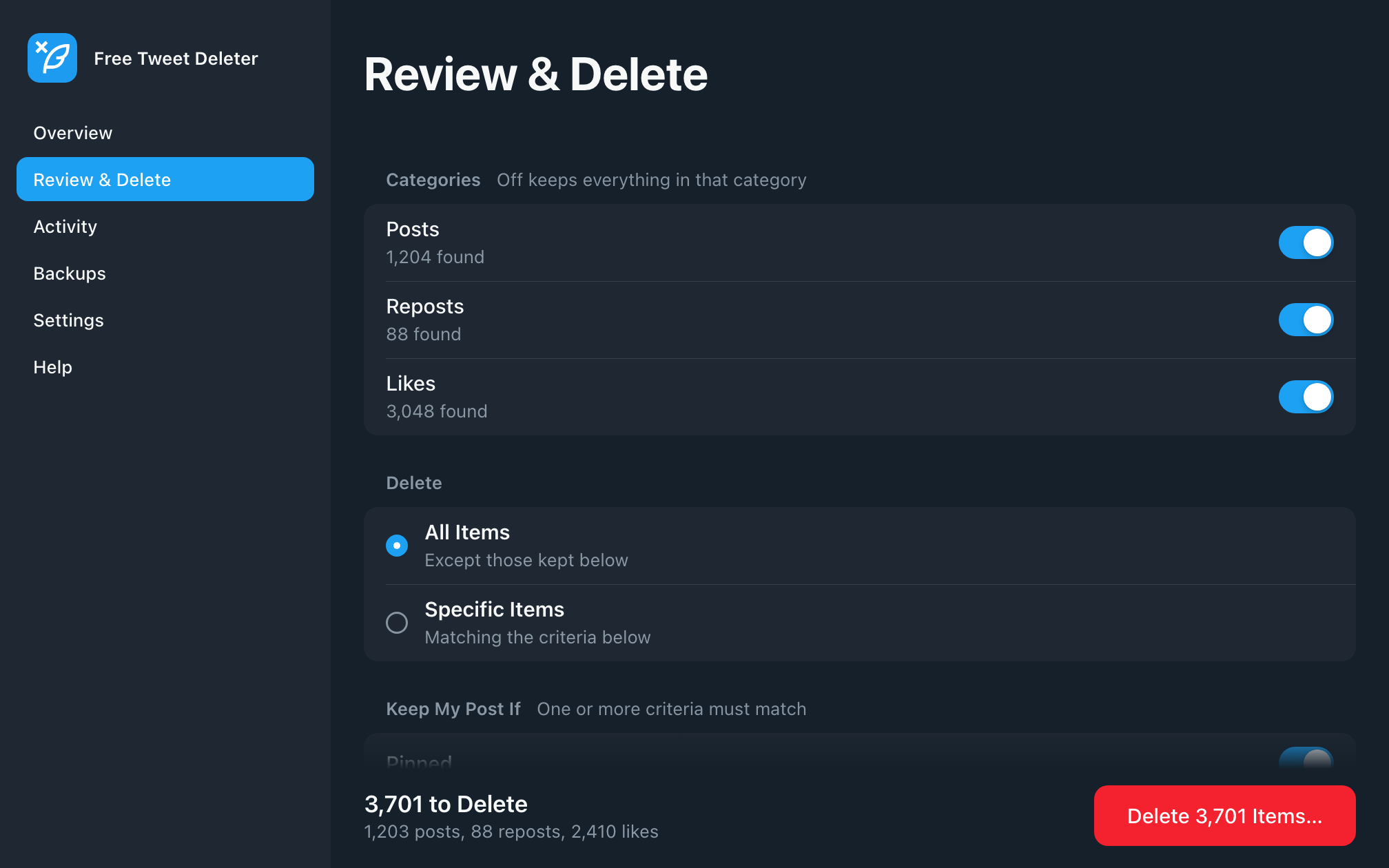 Free Tweet Deleter's Review & Delete page, showing the deletion plan and the criteria that keep posts